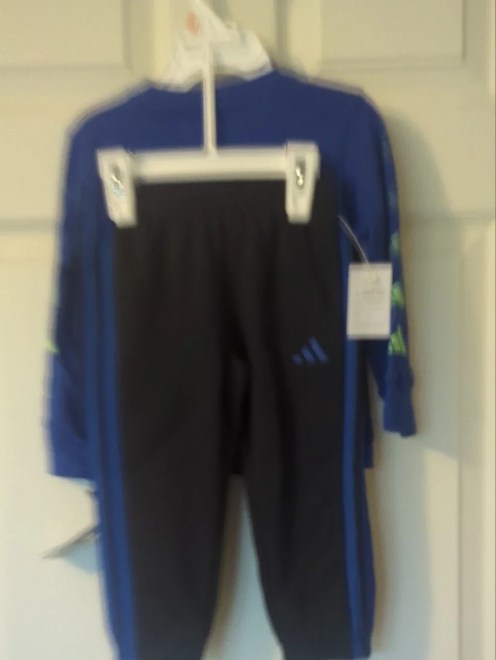 adidas Royal Blue Long-Sleeve Top with Neon Green Logo and Black Pants